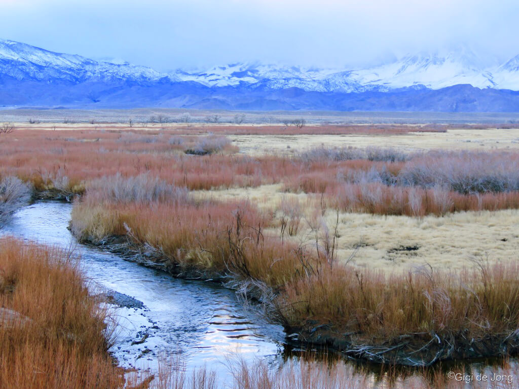 storm approaches the High Sierra with the Lower Owens River below