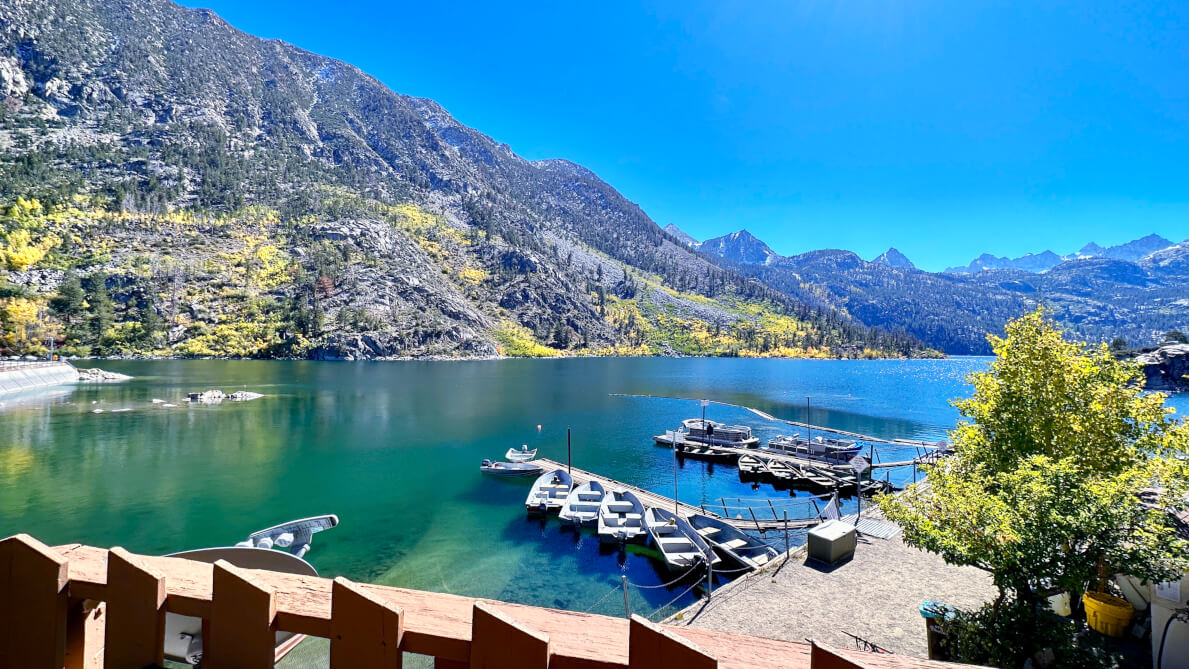 view from restaurant on Lake Sabrina in Bishop CA