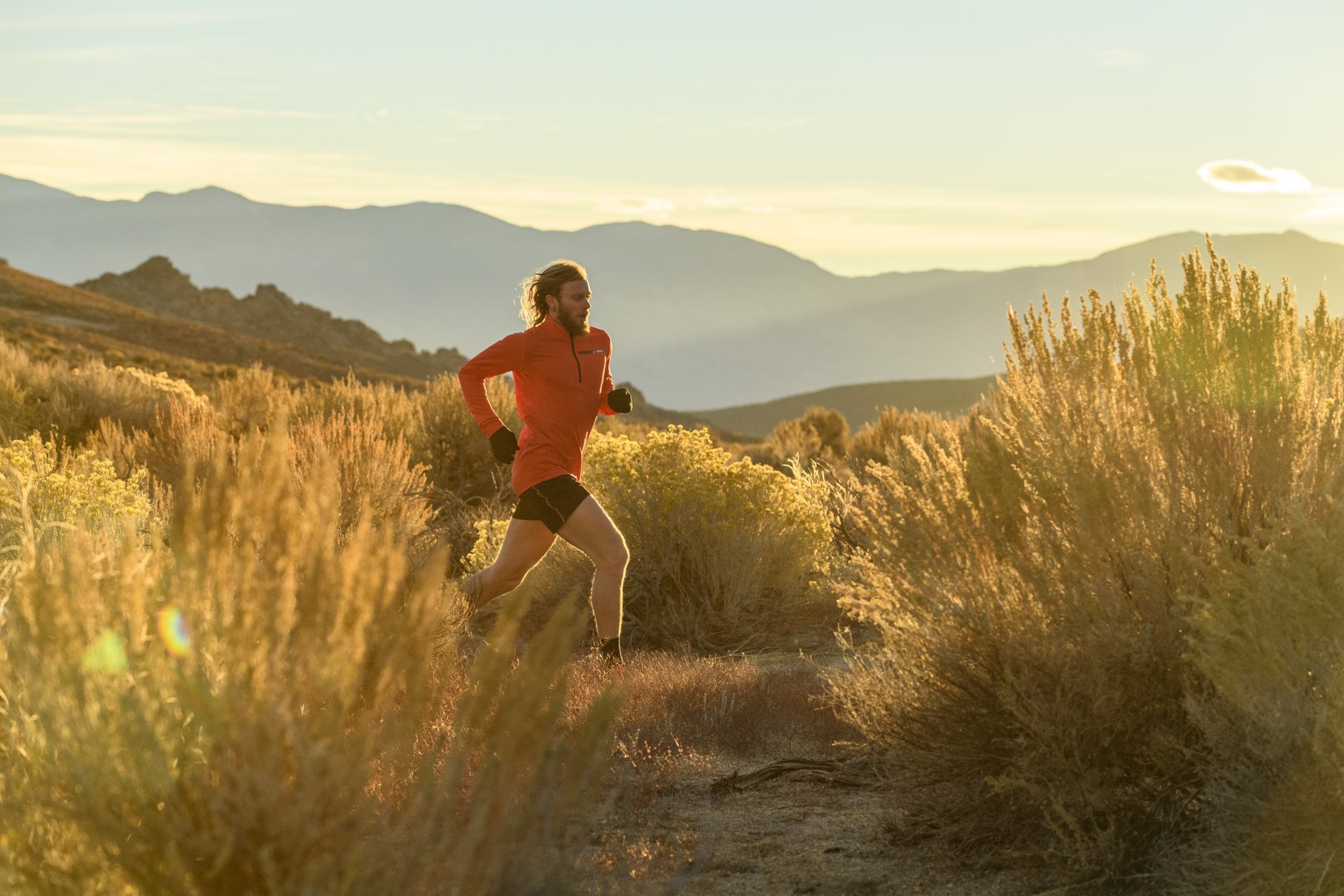 fall trail running in the Eastern Sierra California at sunset