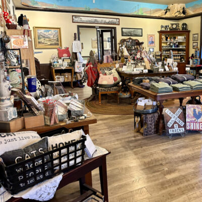 Home goods, apparel, food, holiday items at Laws Railroad Museum gift shop in Bishop, CA