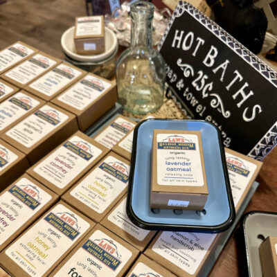 Organic soap bars, branded for Laws Railroad Museum in Bishop, displayed in gift store