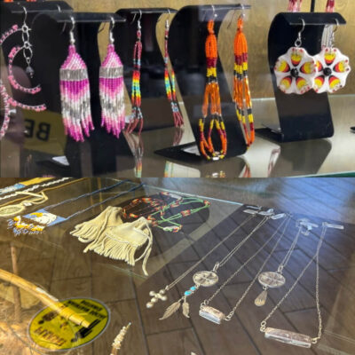 Native American beadwork and silverwork at Owens Valley Paiute Shoshone Cultural Center gift shop on display for purchase.