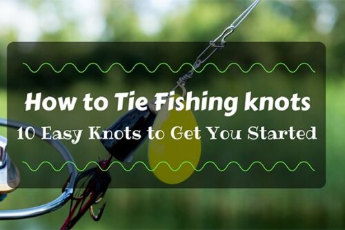 Image of a fishing line with a lure, with the text "How to Tie Fishing Knots - 10 Easy Knots to Get You Started" written across a dark semi-transparent overlay. Green foliage is blurred in the background, reminding you of serene fishing trips in Bishop, California. visit bishop