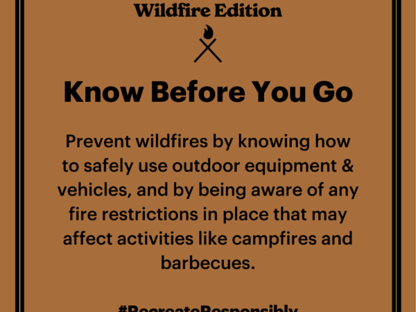 A poster titled "Wildfire Edition" advises to "Know Before You Go" about wildfire safety and fire restrictions. #RecreateResponsibly. visit bishop