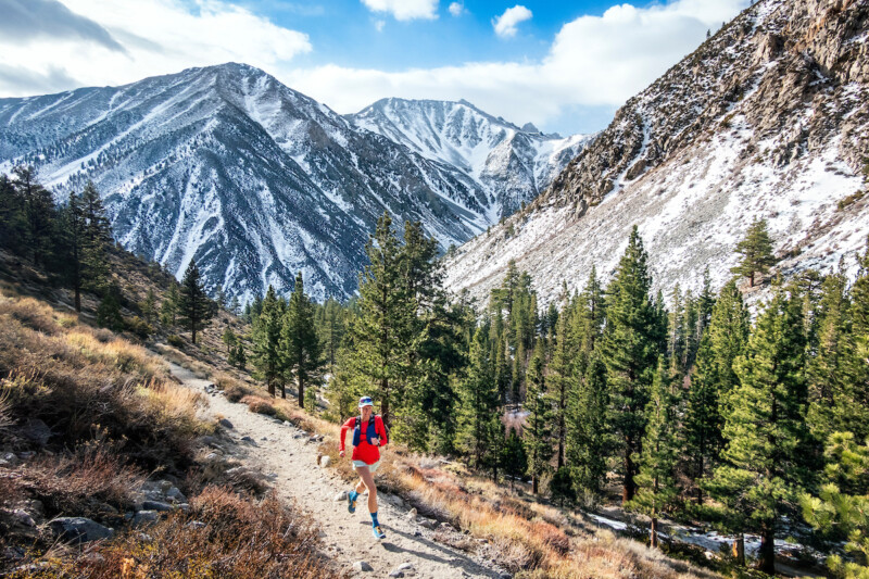 A trail runner, wearing a red outfit, runs along a mountain path with trees in the foreground and snow-capped peaks behind. visit bishop