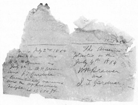 Torn paper with handwritten text about American climbers reaching a height of 13,560 ft on July 2, 1864, and July 4, 1864. visit bishop