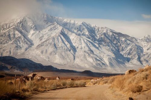 Dirt road leading to snow-capped mountains under a clear blue sky with rocky terrain and dry vegetation in the foreground. visit bishop