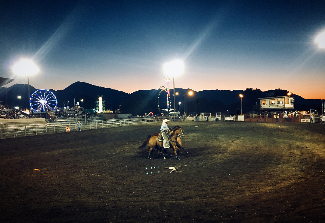 A cowboy rides a horse in a rodeo arena at dusk, with the carnival lights and a Ferris wheel in the background, reminiscent of the festive evenings in Bishop, California near the Eastern Sierra. visit bishop