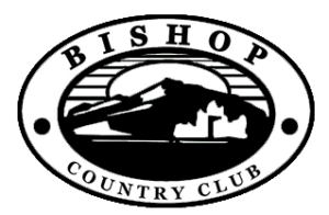 Logo of Bishop Country Club in Eastern Sierra, featuring a mountain, golf flag, and rising sun in black and white. visit bishop