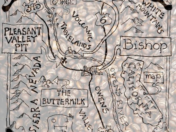 Hand-drawn map of Bishop, California featuring major roads, climbing spots, and surrounding landmarks. visit bishop