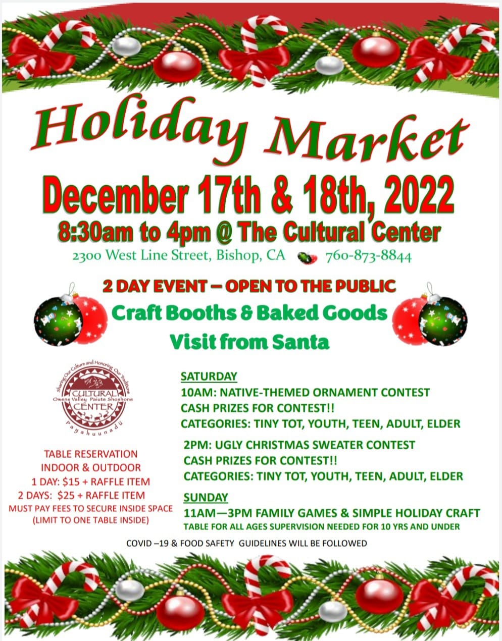 Holiday Market flyer with event details: December 17-18, 2022, 8:30am-4pm at The Cultural Center, Bishop, CA in the beautiful Eastern Sierra. Craft booths and a visit from Santa await you! visit bishop