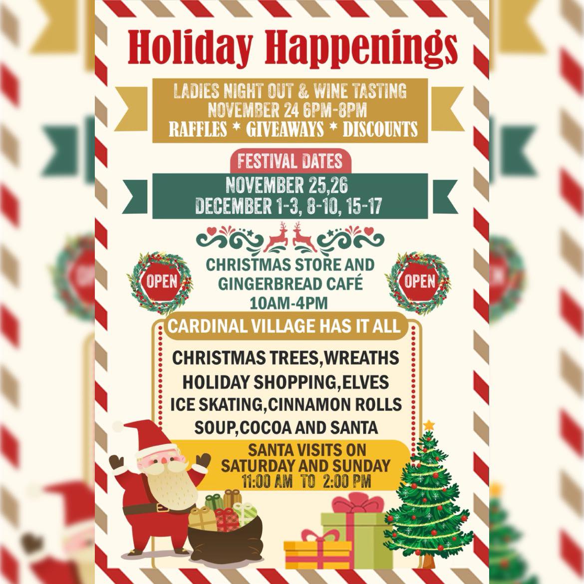 Holiday event flyer featuring dates, activities like shopping, ice skating, raffles, and Santa visits in Bishop, California. Enjoy the festivities amidst the picturesque backdrop of the Eastern Sierra with festive graphics. visit bishop