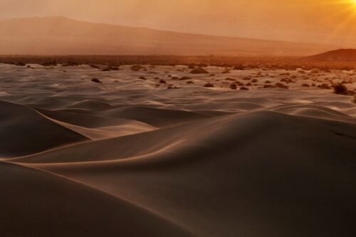 Golden sun setting over an expansive desert with gently rolling sand dunes and distant mountains. visit bishop