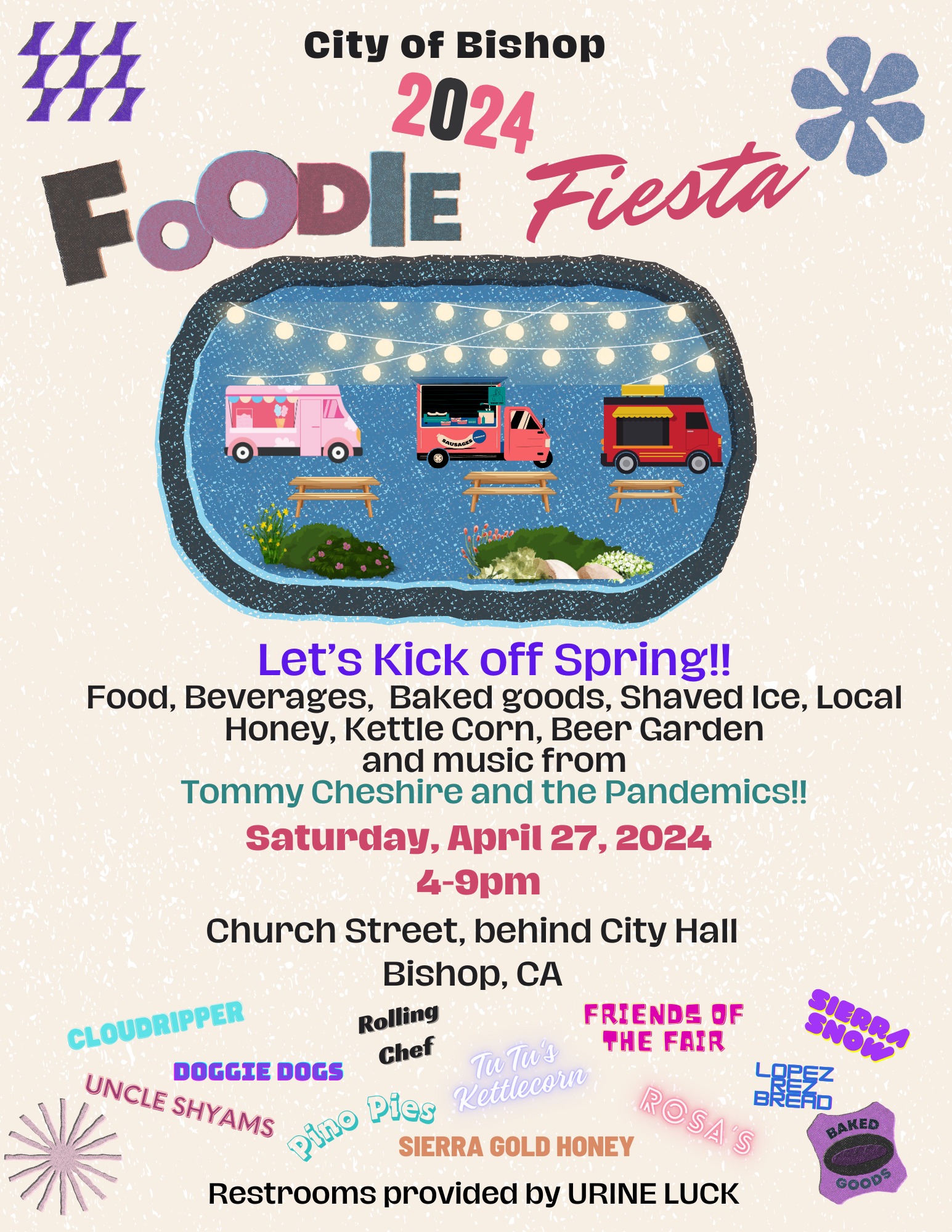 Event poster for "Foodie Fiesta" featuring food, drinks, live music, and more on April 27, 2024, in Bishop, California—right in the heart of the Eastern Sierra. visit bishop