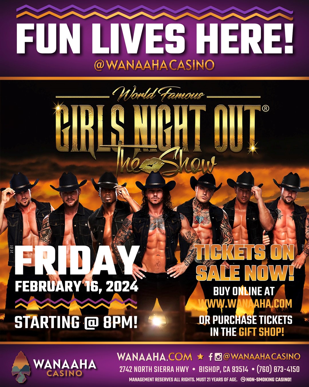 Poster for "Girls Night Out: The Show" at Wanaaha Casino in Bishop, California, on February 16, 2024, at 8 PM. Enjoy an unforgettable evening in the heart of the Eastern Sierra. Tickets available online or in the gift shop. visit bishop