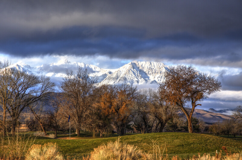 Snow-capped mountains under dramatic clouds, with bare trees and green grass in the foreground. visit bishop