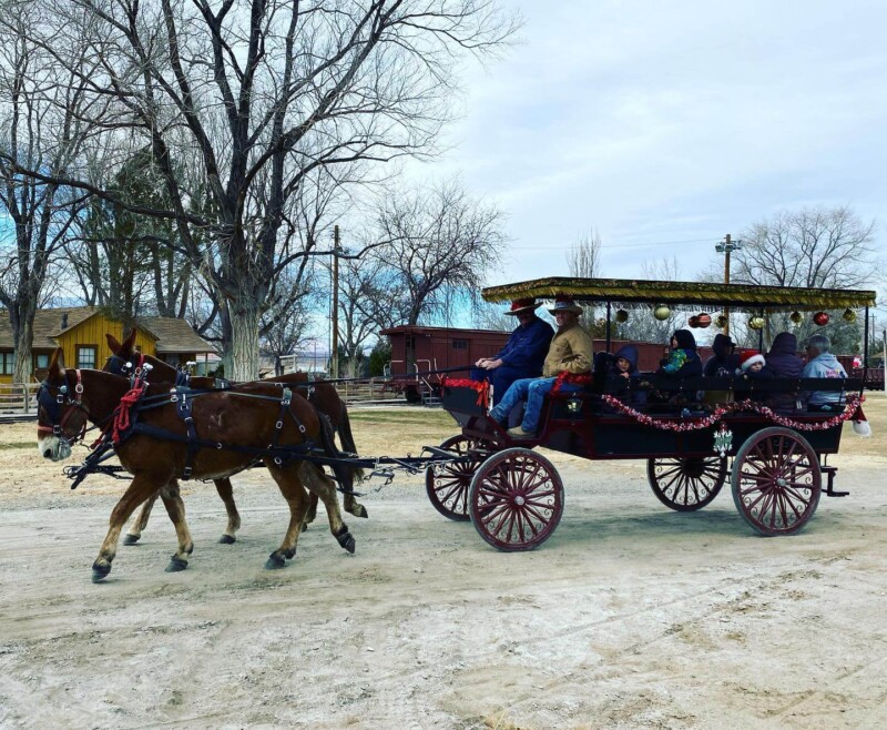 A horse-drawn carriage adorned with festive decorations is carrying a group of bundled-up people. The scene, reminiscent of Bishop, California, is set in a rustic area with bare trees and wooden buildings in the background, under a cloudy sky. visit bishop