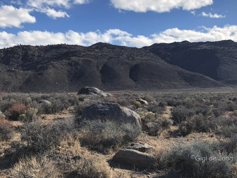 A rocky desert landscape with sparse vegetation and distant hills under a blue sky with scattered clouds. visit bishop