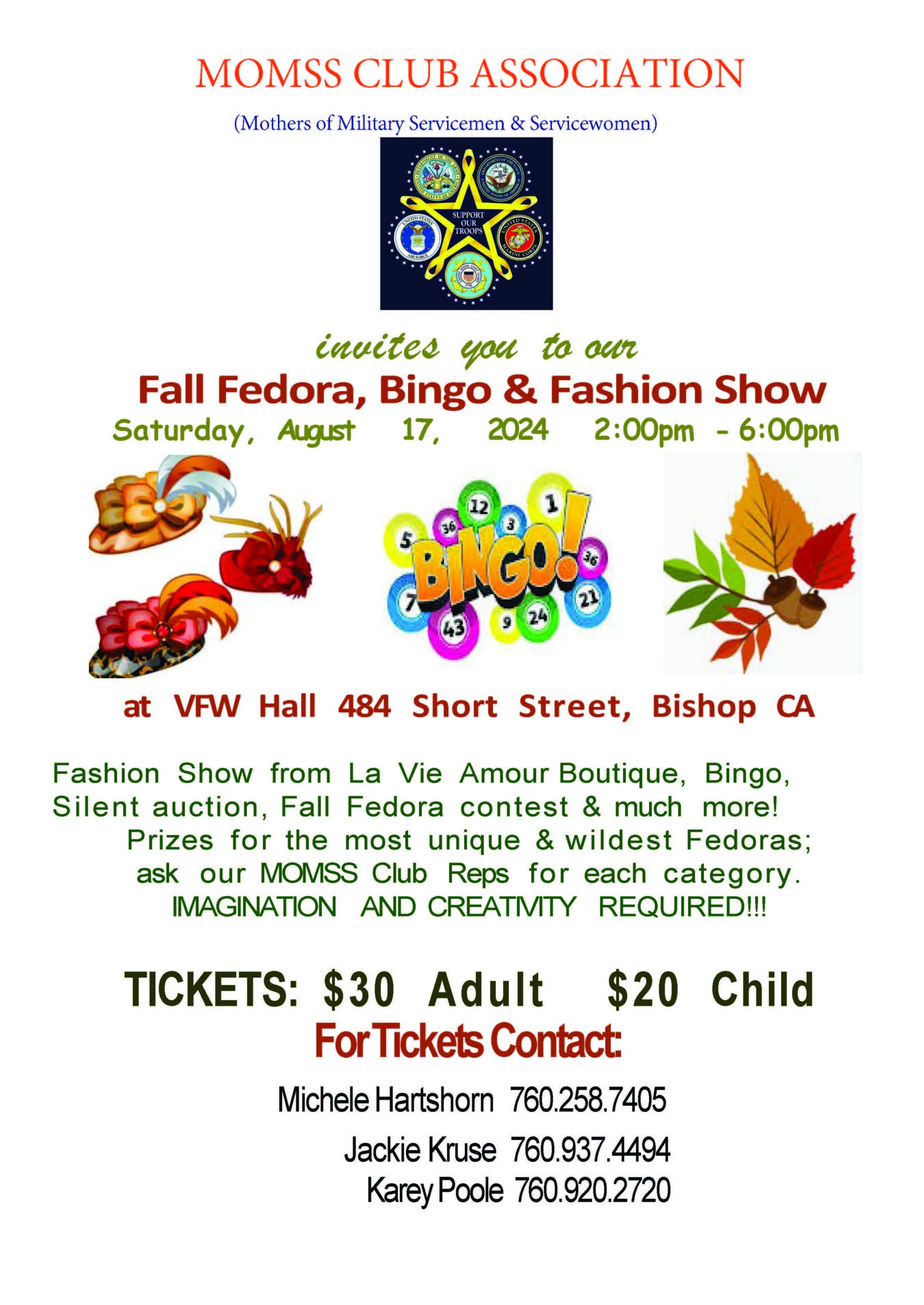 Join the MOMSS Club Association for a Fall Fedora, Bingo, and Fashion Show in Bishop, California on August 17, 2024. Nestled in the stunning Eastern Sierra, this event promises glamour and fun amidst breathtaking scenery! visit bishop