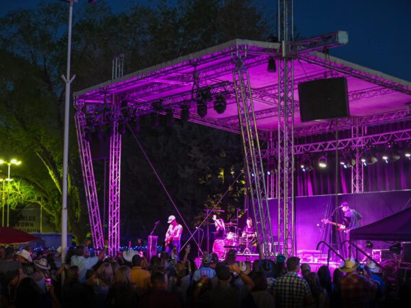 Nighttime outdoor concert with a band performing on a brightly lit stage and a crowd of people watching. visit bishop