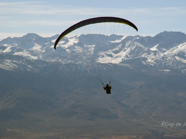 Person paragliding with mountainous landscape in the background. The sky is clear, and snow-covered peaks are visible. visit bishop