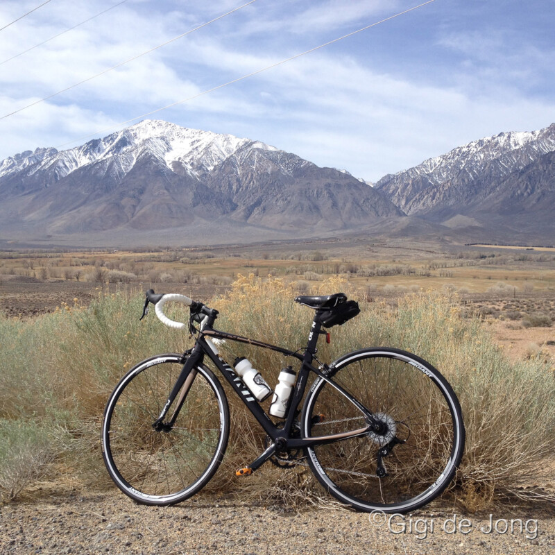 Road bike parked in front of scenic mountain range with snowy peaks and dry grass in foreground. ©Gigi de Jong. visit bishop