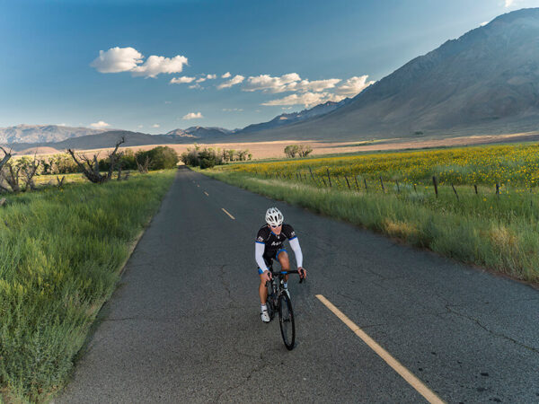 A cyclist wearing a helmet and cycling gear rides on an empty road near Bishop, California, surrounded by fields of green grass and yellow flowers. Mountains loom in the background under a partly cloudy sky. visit bishop