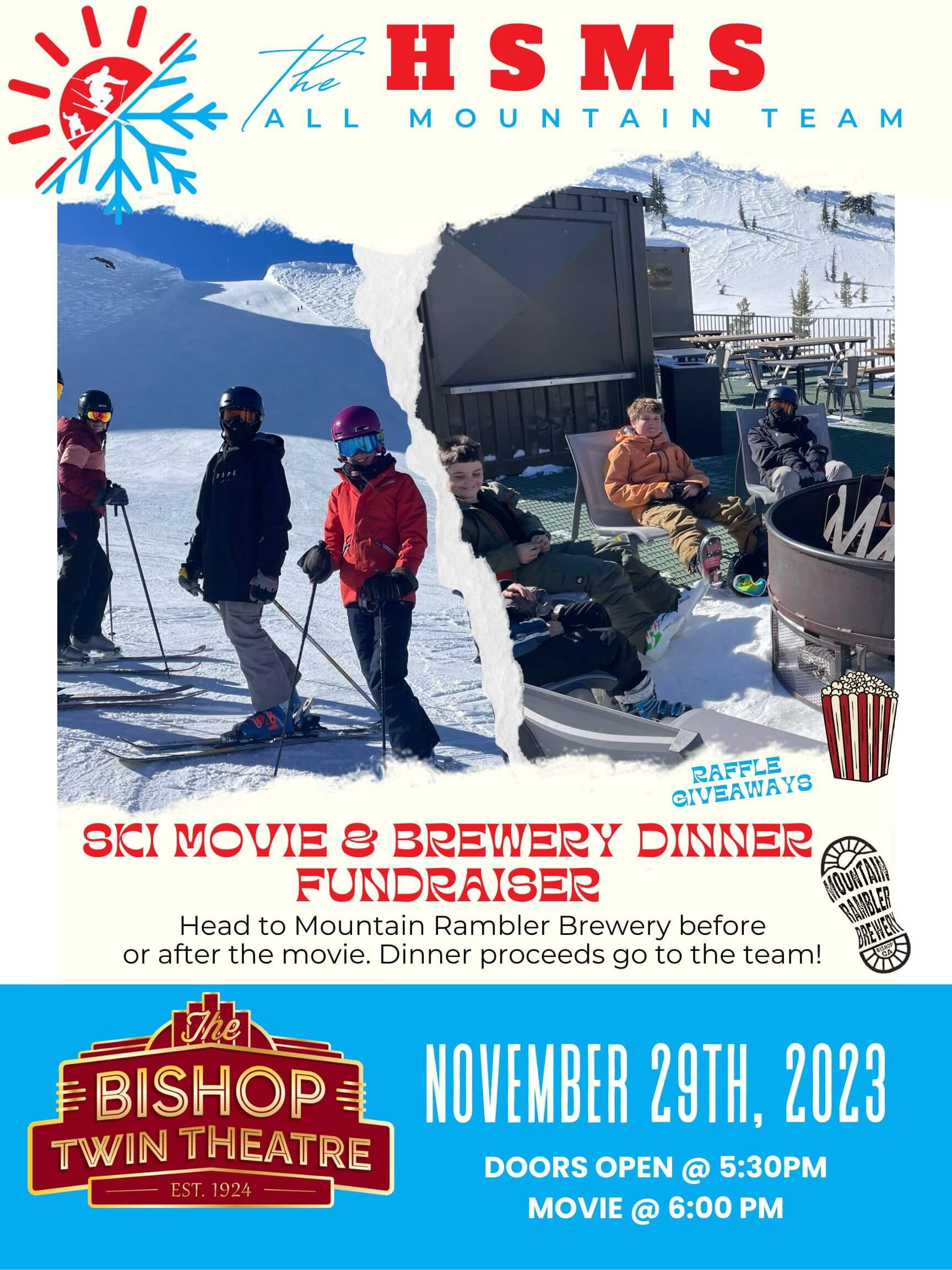 A group of skiers by a snowy mountain lodge in Bishop, California, is promoting a ski movie and brewery dinner fundraiser on November 29, 2023. Join us in the heart of the Eastern Sierra for an unforgettable evening. visit bishop