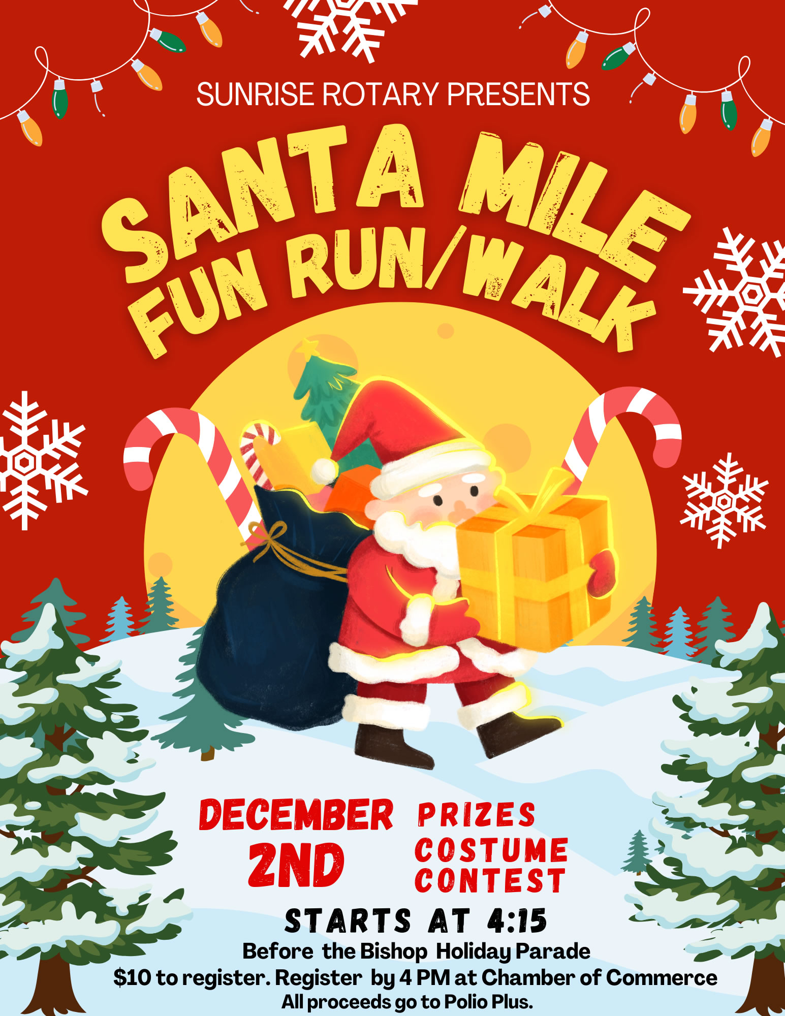 Santa Mile Fun Run/Walk event poster featuring a running Santa, festive decorations, and event details. Join us in Bishop, California for a jolly good time amidst the scenic beauty of the Eastern Sierra! visit bishop