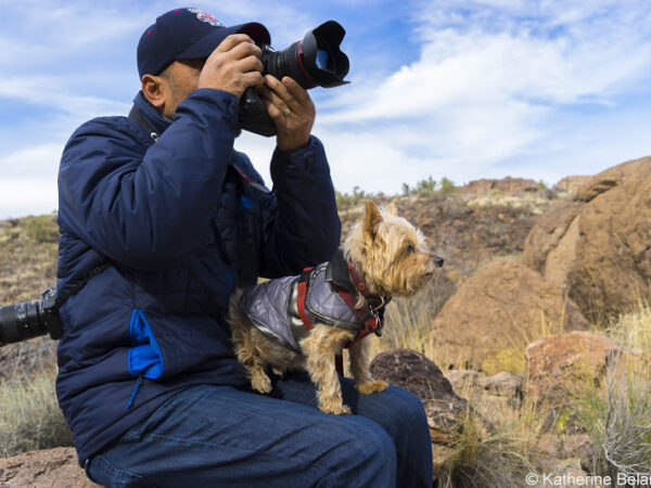 A person in a blue jacket and cap sits on a rocky outcrop in Bishop, California, holding a camera up to their face. A small dog in a gray jacket sits on their lap, both looking intently at something in the distance. Dry grass and rocky terrain are visible in the background. © Katherine Belarmino. visit bishop