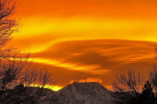 Vibrant orange sunset over snow-covered mountains, framed by tree branches in Bishop, California's stunning Eastern Sierra. visit bishop