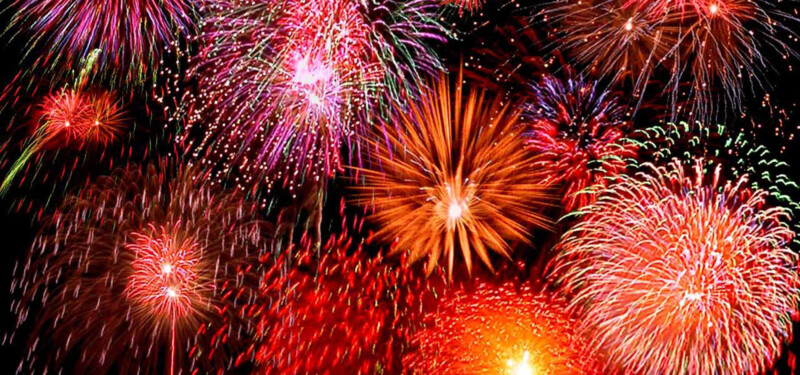 Vibrant display of multicolored fireworks bursting in the night sky. visit bishop