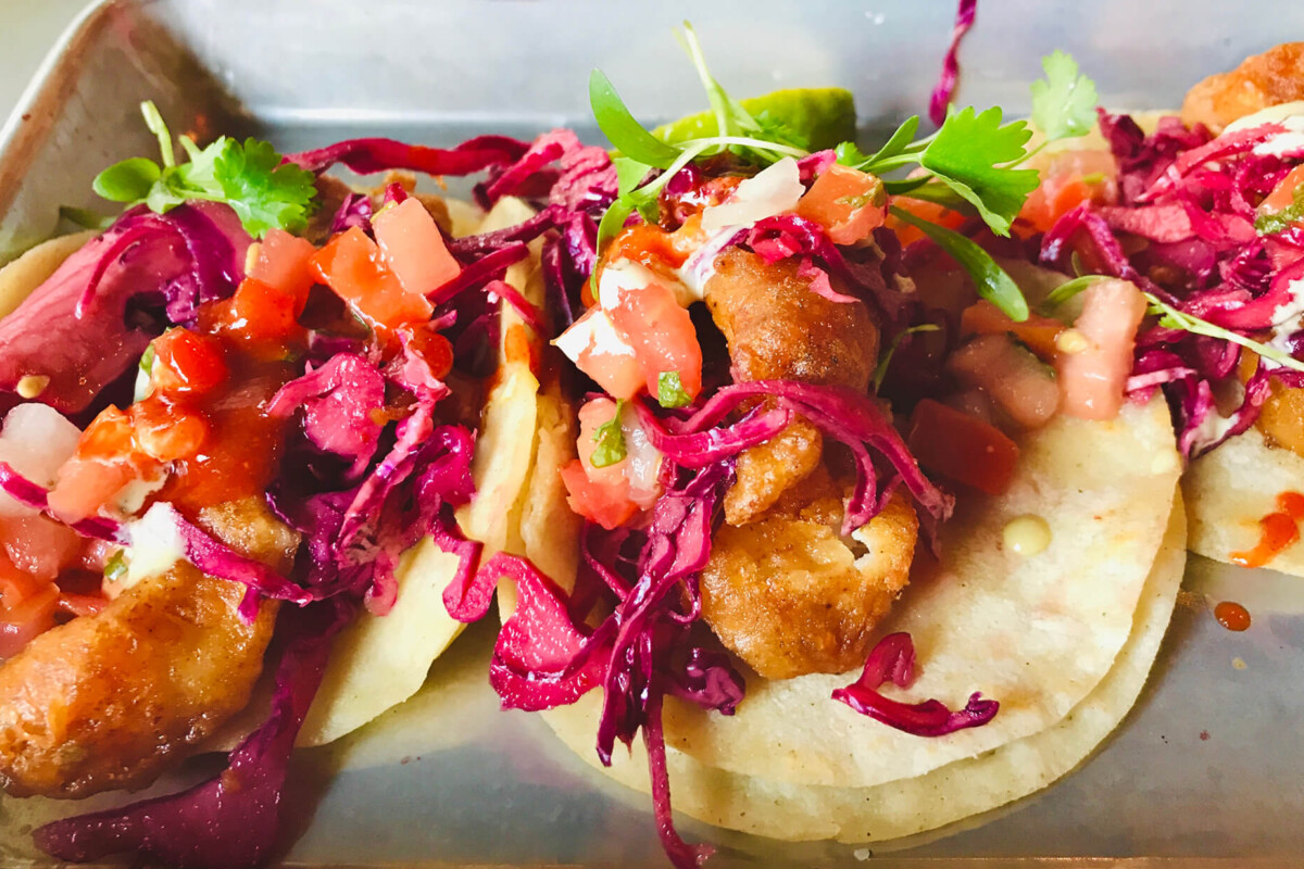 Three fish tacos topped with vibrant red cabbage, diced tomatoes, and fresh greens on a metal tray. visit bishop