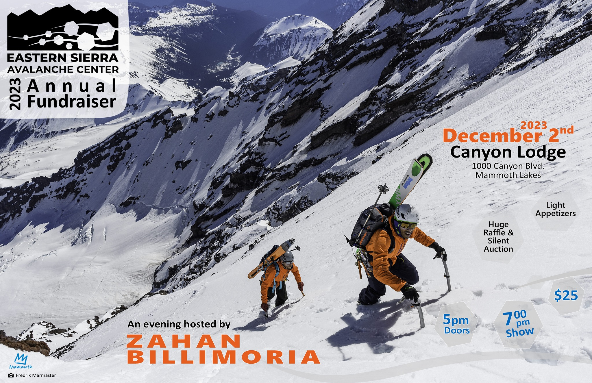 Two skiers climb a snowy mountain. Event details for the Eastern Sierra Avalanche Center fundraiser in Bishop, California overlay the image. visit bishop