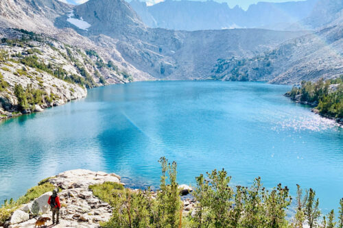 A hiker wearing a red jacket stands on a rocky ledge next to a dog, overlooking a large, clear blue mountain lake surrounded by rocky cliffs and evergreen trees in Bishop, California. The sun shines brightly, creating sparkling reflections on the water. Snow-capped peaks are in the distance. visit bishop