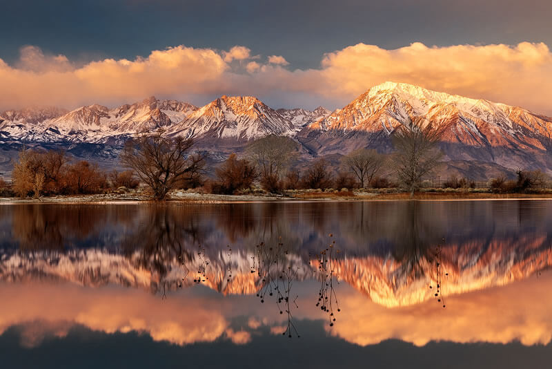 Snow-capped mountains at sunset reflected in a calm lake, with bare trees in the foreground and clouds overhead. visit bishop