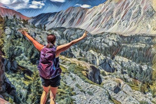 A person with a backpack stands on a rock, arms outstretched, overlooking a mountainous landscape under a bright sky. visit bishop