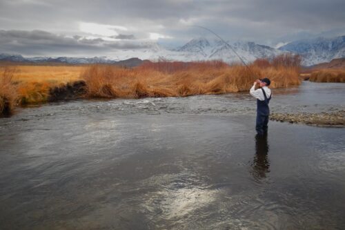 Person standing in the middle of a river in Bishop, California, fly fishing. Tall dry grasses line the riverbanks, with snow-capped mountains in the background under a cloudy sky. The individual is dressed in waders, boots, and a hat, focusing on casting the fishing line. visit bishop