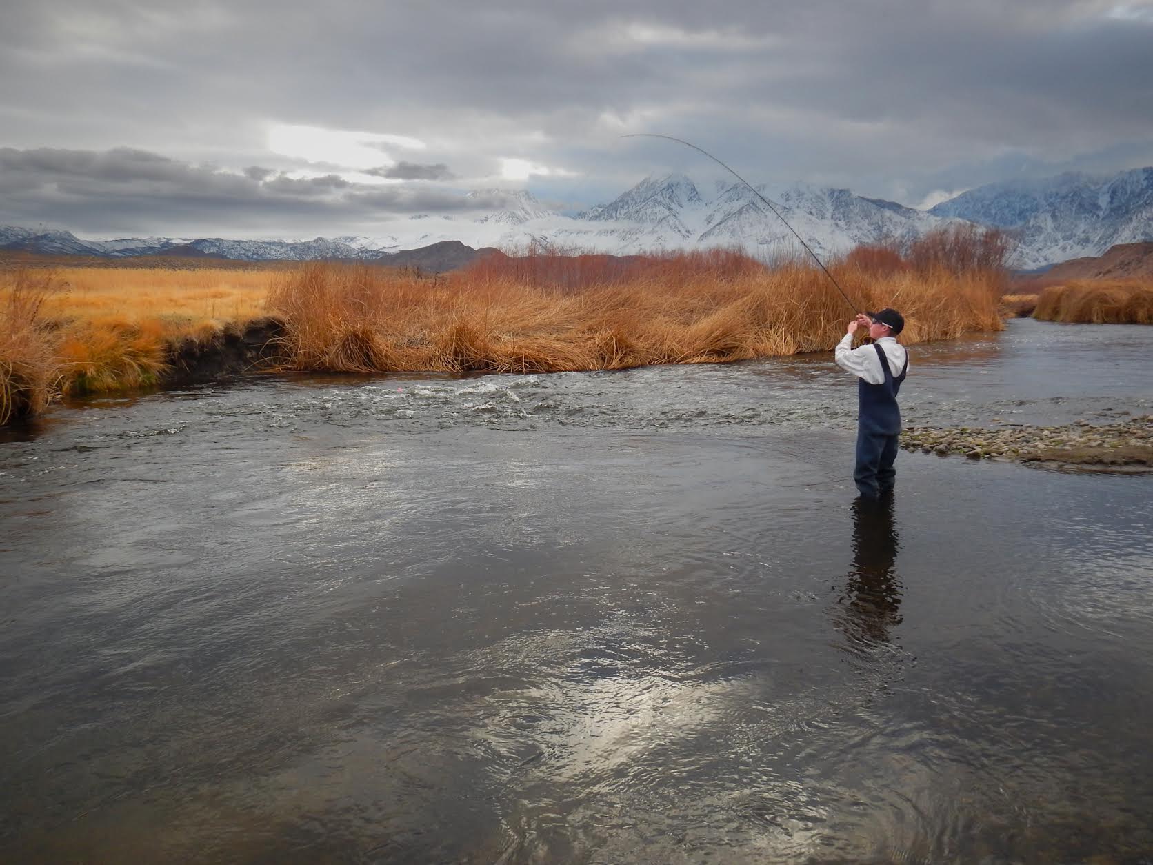 winterFishingJimStimson Person standing in the middle of a river in Bishop, California, fly fishing. Tall dry grasses line the riverbanks, with snow-capped mountains in the background under a cloudy sky. The individual is dressed in waders, boots, and a hat, focusing on casting the fishing line. visit bishop