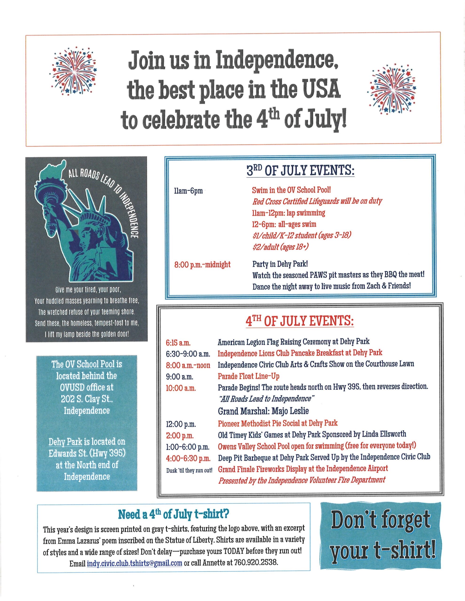 Flyer with a schedule of July 3rd and 4th events in Independence, featuring pool swim, BBQ, bands, parade, and food trucks. Celebrate with us in the picturesque backdrop of Eastern Sierra near Bishop, California. visit bishop