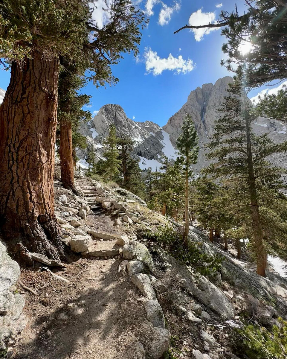 Mountain trail surrounded by tall trees, rugged rocks, and snow-capped peaks under a blue sky with scattered clouds—a quintessential Eastern Sierra experience near Bishop, California. visit bishop