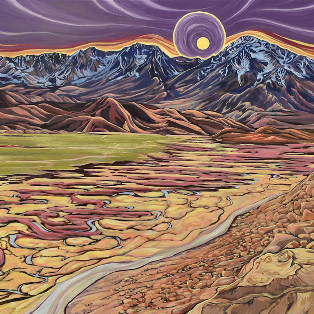 A surreal landscape painting of mountains beneath a purple sky with a glowing sun, overlooking the colorful, meandering valleys of Eastern Sierra near Bishop, California. visit bishop