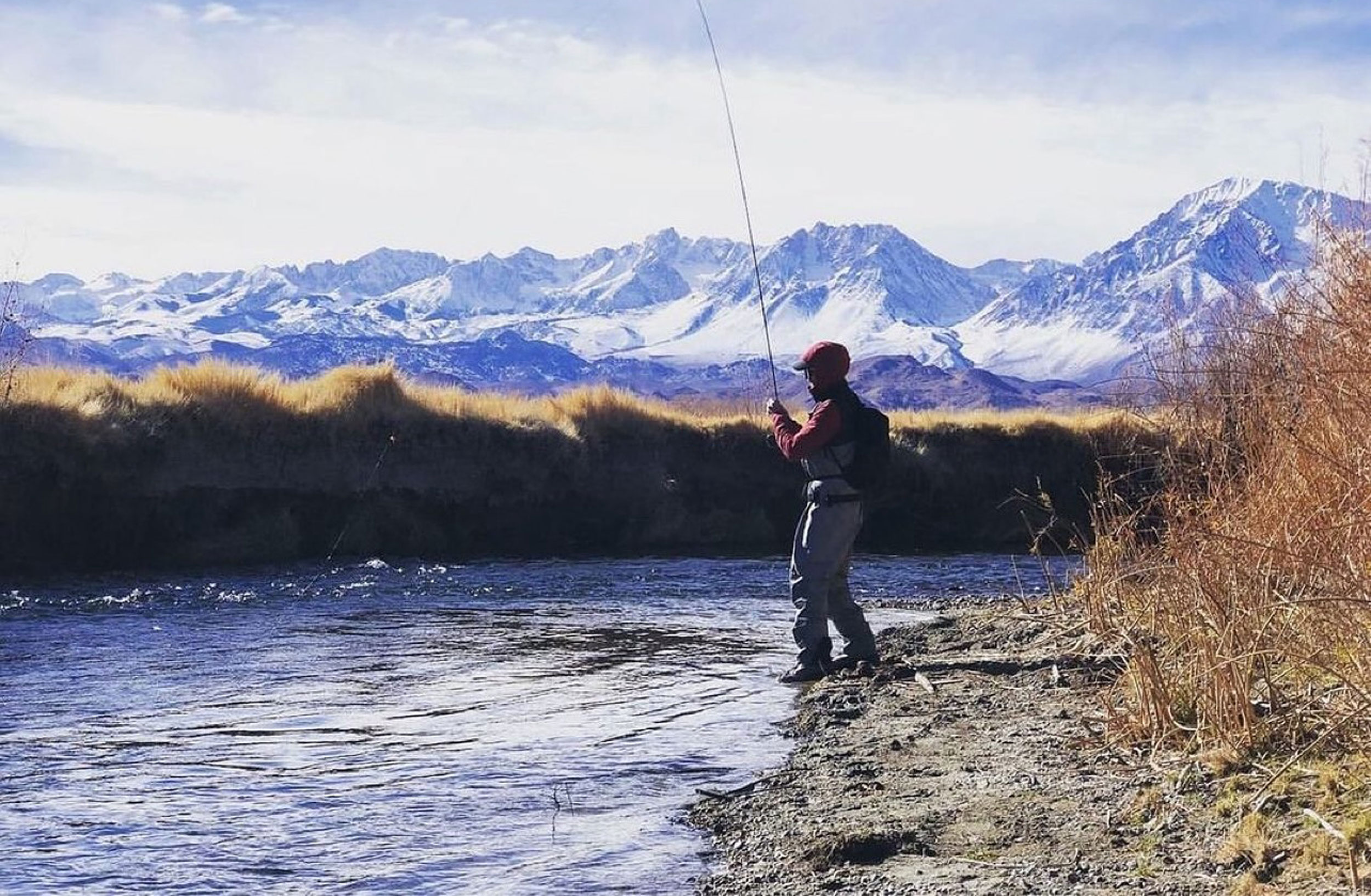 A person is fishing in a river near Bishop, California, with the snow-capped mountains of the Eastern Sierra in the background and dry brush along the riverbank. visit bishop