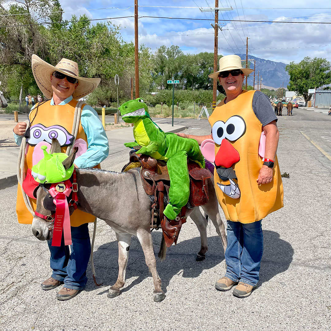 Two people dressed as Mr. Potato Head stand on a street in Bishop, California, with a donkey carrying a stuffed alligator in a riding costume. visit bishop