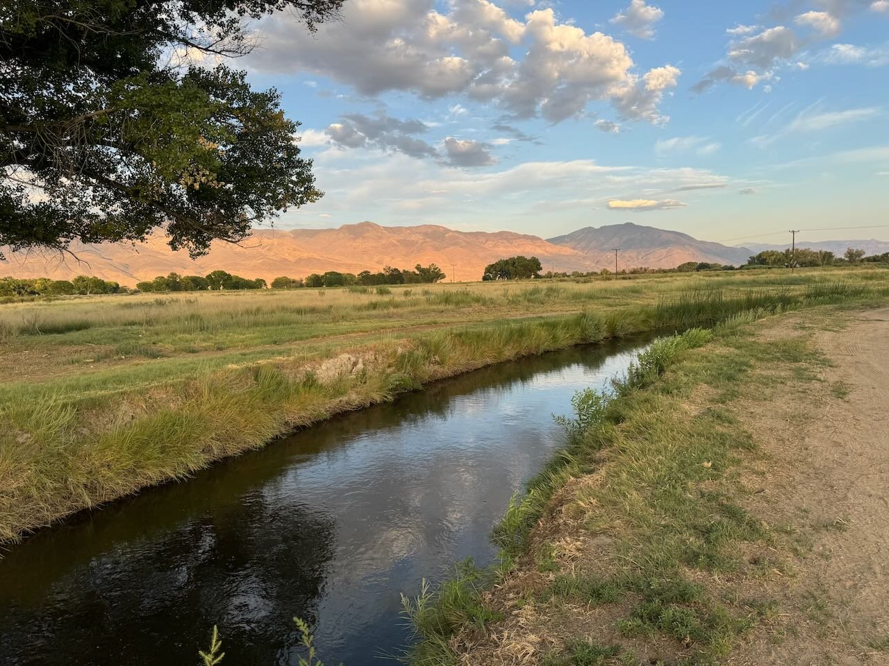 A serene landscape in Bishop, California with a narrow stream, grassy fields, distant mountains of the Eastern Sierra, and a partially cloudy sky at sunset. visit bishop