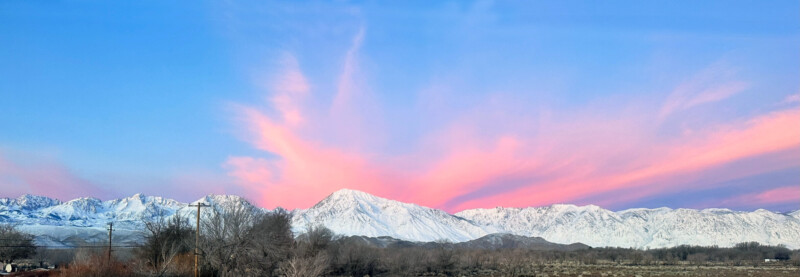 Snow-covered mountains under a vibrant pink and blue sunrise sky with bare trees in the foreground, capturing the breathtaking beauty of Bishop, California in the Eastern Sierra. visit bishop