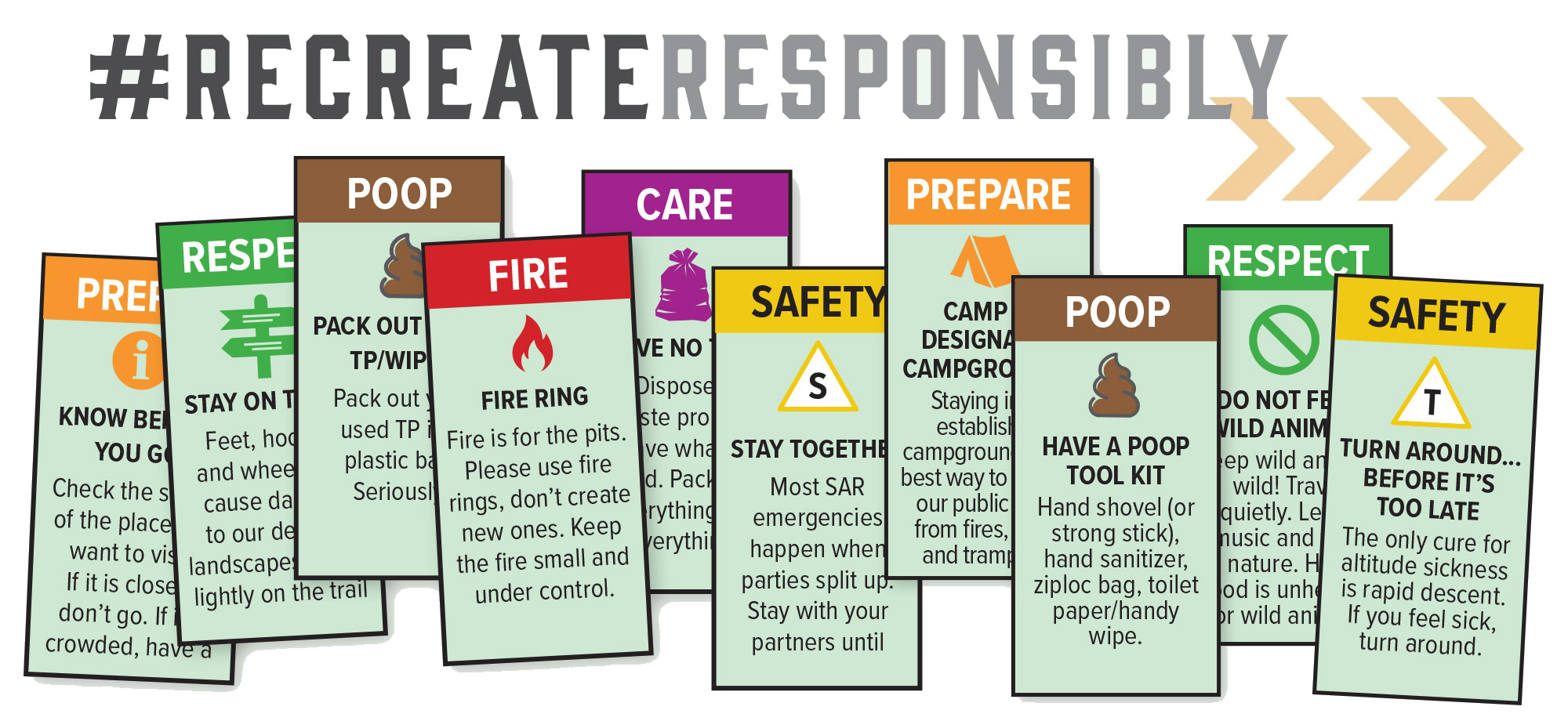 Infographic with #RecreateResponsibly, featuring camping tips: respect, poop, fire, care, safety, prepare, and more. Perfect for your next adventure in the Eastern Sierra or around Bishop California. visit bishop