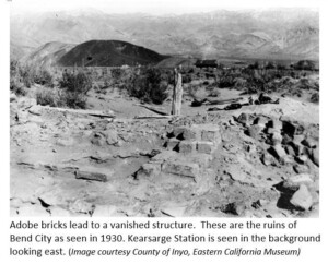 Ruins of Bend City with adobe bricks in the foreground, mountains in the background. Kearsarge Station visible in the distance, near Bishop, California in the Eastern Sierra. visit bishop