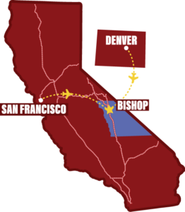 Map showing flights from San Francisco and Denver to Bishop, California, illustrating routes to the beautiful Eastern Sierra region with lines and airplanes. visit bishop