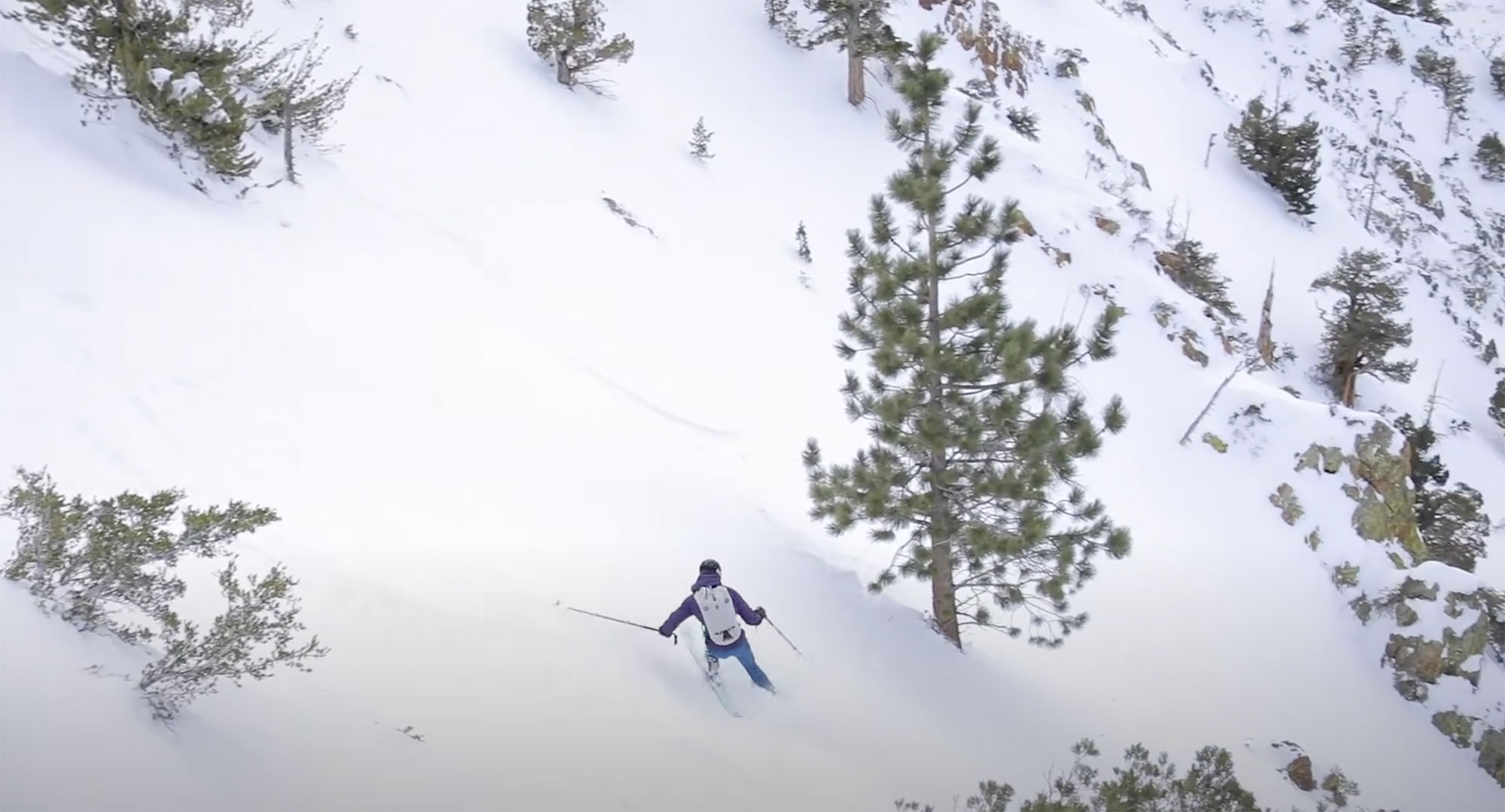 A person skiing down a snow-covered slope in the Eastern Sierra, surrounded by picturesque trees near Bishop, California. visit bishop